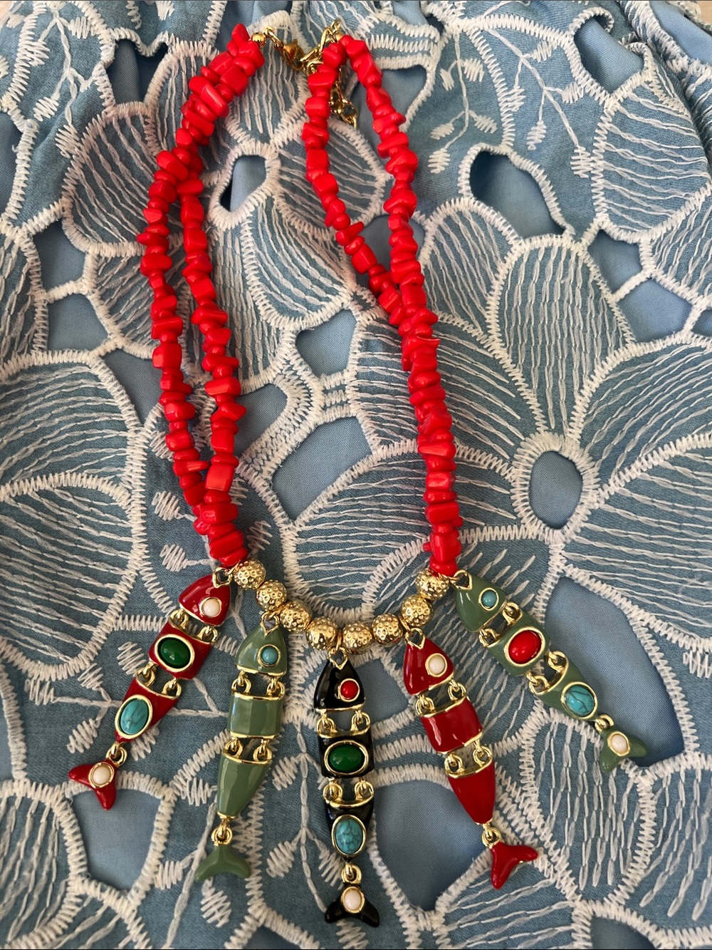Colorful Red Beaded Statement Necklace with Multicolor Fish Pendants
